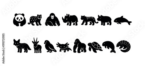 Collection of diverse animal silhouettes in black and white, representing wildlife and nature