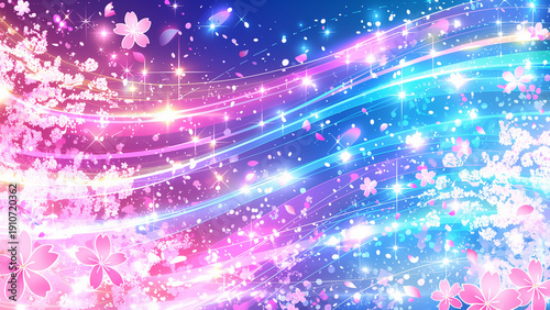 満開の桜と青とピンクのキラキラした光のウェーブ背景
