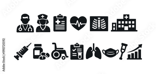Collection of medical icons representing healthcare services and equipment for modern design