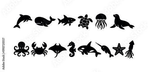 Collection of stylized black silhouettes of various marine animals and sea creatures
