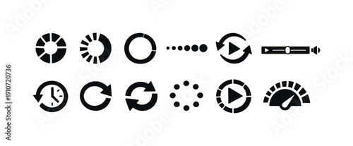 Collection of black loading and progress icons, including spinners, timers, and sliders