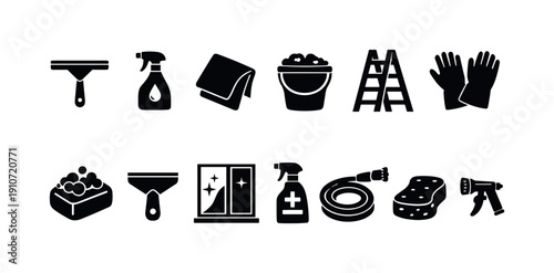 Collection of cleaning tools and supplies for home maintenance and hygiene