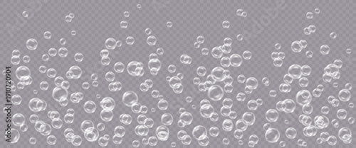 Vector realistic soap bubbles with reflection isolated on transparent background.