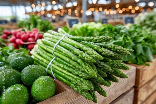  Espárragos frescos atados con cuerda presentados junto a aguacates en un mercado tradicional.