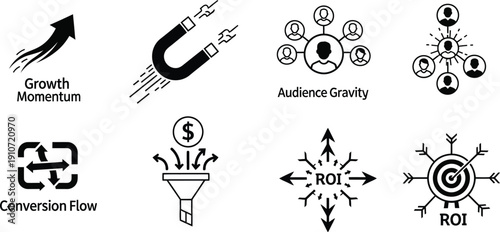 Vector illustration icons representing business concepts including growth, audience, conversion, and return on investment