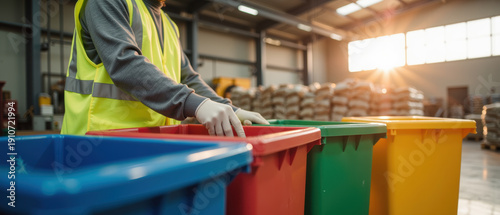 Worker recycling bin waste sorting plastic color indoor warehouse environmental sustainability sunlight safety glove organization management clean