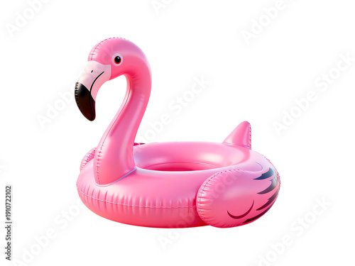 A vibrant pink flamingo shaped inflatable pool float with a drink holder on transparent background