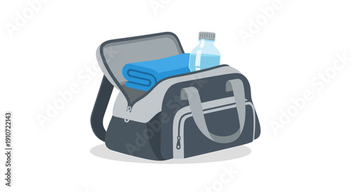 Gym Bag with Blue Towel and Water Bottle Inside Ready for Workout.