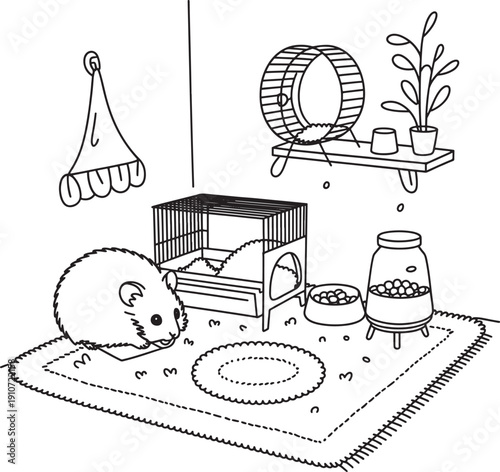 a hamster is eating on a rug next to its cage and toys