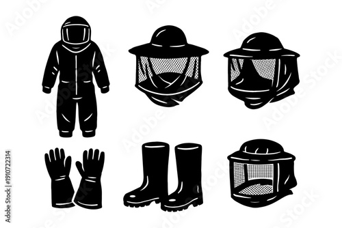Essential beekeeping gear: suit, veil, gloves, and boots icons