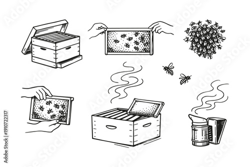 Wooden beehive diagram with honeycomb, bees, and smoker elements in black and white