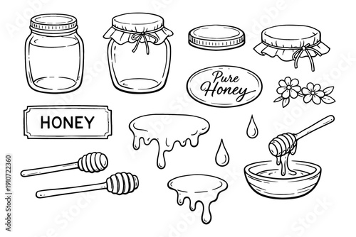 Hand-drawn honey jars and dippers with honeycomb and flowers