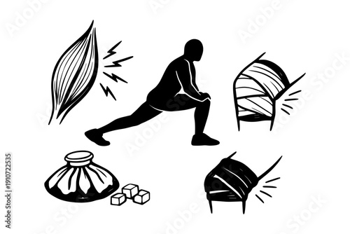 Muscle pain relief illustration: stretching, ice pack, bandaged joint