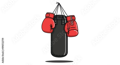 Hanging Punching Bag with Red Boxing Gloves Sports Equipment.