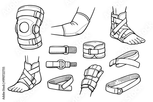 Various orthopedic braces and supports for knee, elbow, ankle, and wrist
