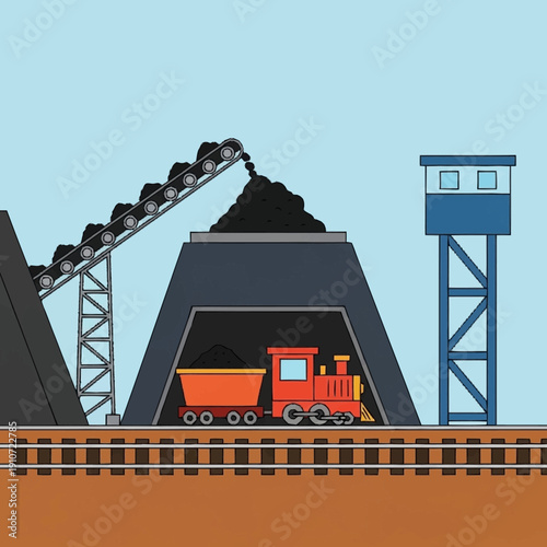 Coal Mining Operation with Train and Conveyor Belt System.