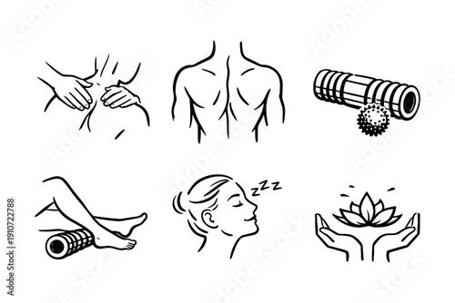 Self-care techniques: massage, foam rolling, and relaxation illustrations