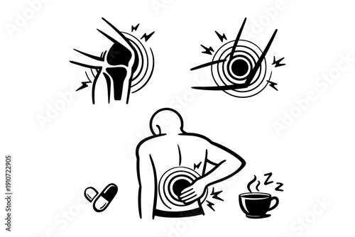 Illustration of joint and back pain relief with pills and coffee