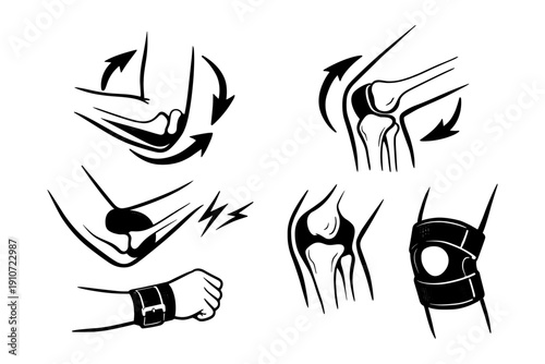 Elbow and knee joint movement and support illustrations