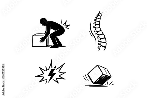 Back pain from improper lifting: human silhouette, spine illustration, warning symbols