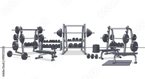 Illustrated Gym Equipment Set with Barbells Weights and Benches.