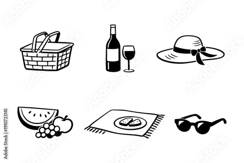 Illustration of picnic items: basket, wine, hat, fruit, blanket, sunglasses