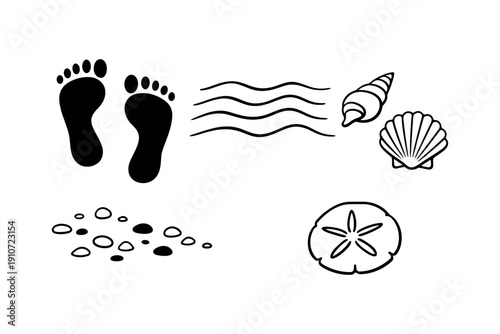 Beach symbols: footprints, waves, shells, pebbles, and sand dollar icon set