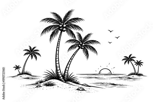 Monochrome tropical beach scene with palm trees and sunset