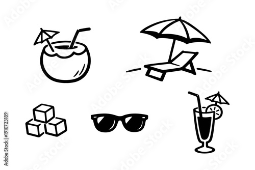 Summer icons: tropical drink, sunglasses, ice cubes, beach umbrella, lounge chair