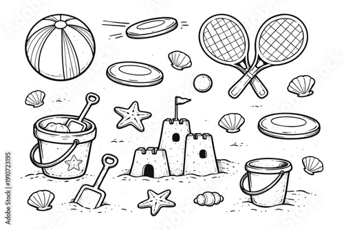 Beach fun outline: sandcastle, beach ball, buckets, shells, frisbees, rackets