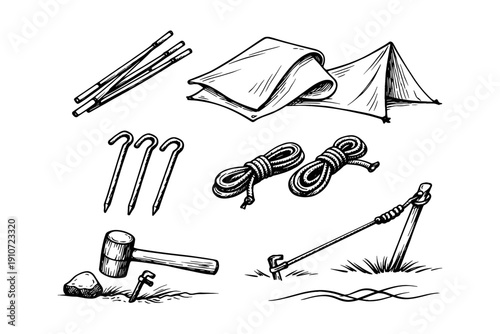 Camping gear: tent, pegs, hammer, ropes, stakes in illustrated style