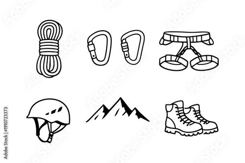 Black and white mountain climbing gear illustrations with rope, carabiners, helmet, boots, and harness