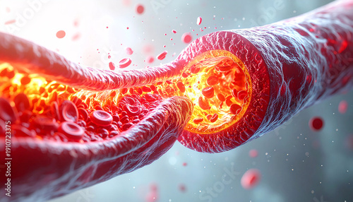 Detailed 3D rendering of a constricted blood vessel with plaque buildup, illustrating atherosclerosis and impaired blood flow.