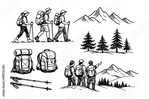 Hiking enthusiasts exploring mountains with backpacks and trekking poles