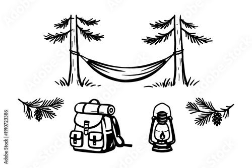 Camping essentials: hammock, lantern, backpack, pine trees and cones illustration