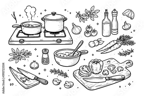 Hand-drawn kitchen scene with cooking ingredients and utensils