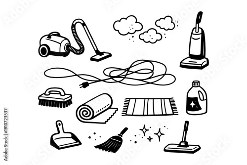 Black and white home cleaning tools set illustrations