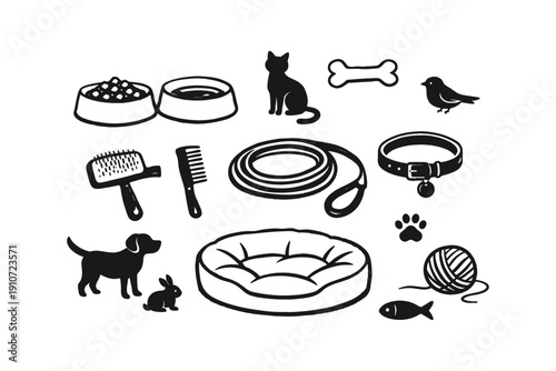 Pet care essentials: toys, grooming tools, food bowls, and animals
