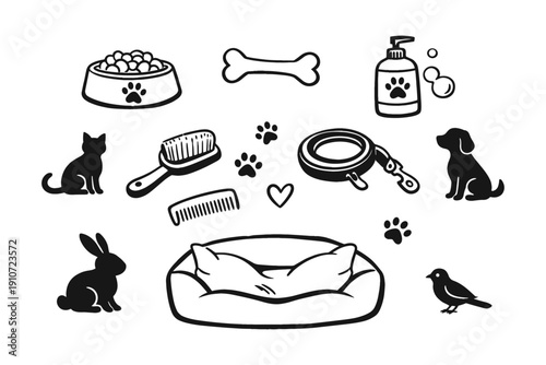 Pet accessories and animals illustration featuring cats, dogs, and more