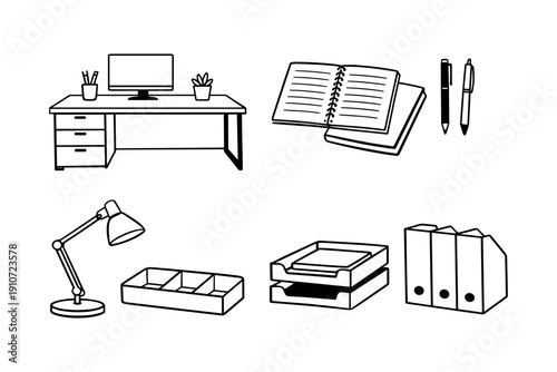 Office supplies collection: desk, computer, notebook, pens, lamp, organizers, binders