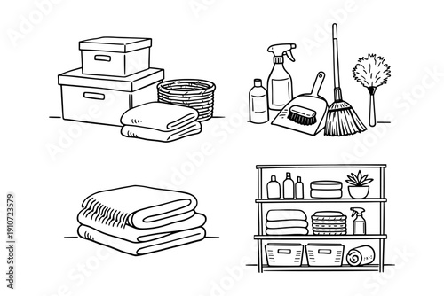 Cleaning and organization essentials: boxes, towels, cleaning supplies, shelving