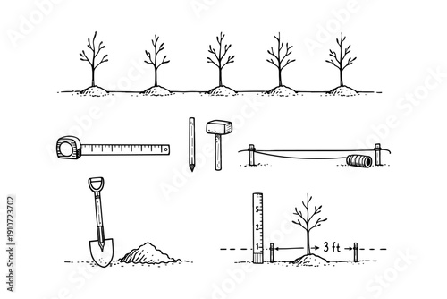 Tree planting diagram with tools and methods for optimal growth