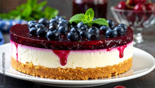 Delicious Blueberry Cheesecake with Fresh Mint Garnish on White Plate.