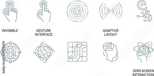 Modern technology icons representing gesture interface and adaptive layout in a minimalist design