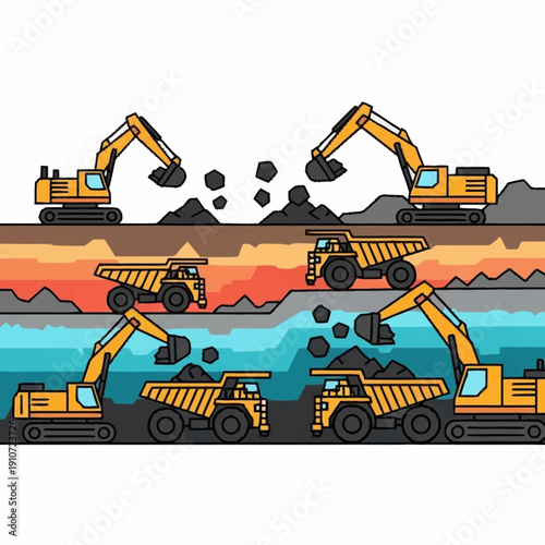 Heavy machinery excavating and transporting coal in a mining operation.