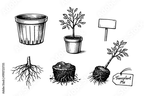 Hand-drawn plant and pot with roots and tag illustration