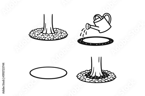 Tree planting diagram with watering can and mulch illustration