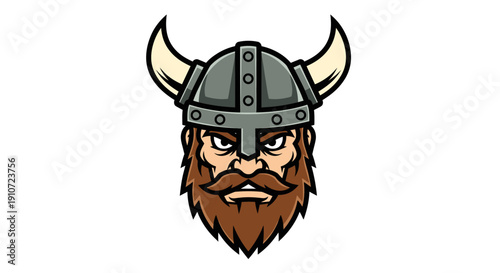 Viking warrior head with horned helmet and beard.
