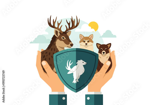 Vector flat design illustration of hands holding a shield with a deer, dog, and wolf, symbolizing protection and conservation in a simple, iconic style.