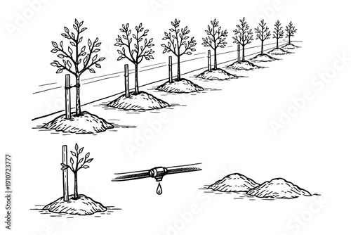 Line of young trees with drip irrigation system and soil mounds illustration